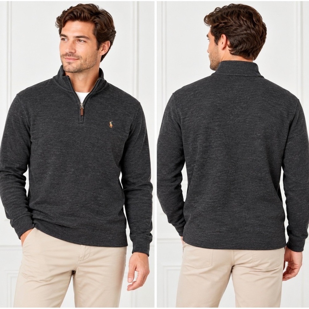 Polo Ralph Lauren Estate Rib Quarter Zip Pullover L Charcoal Gray Cotton Logo